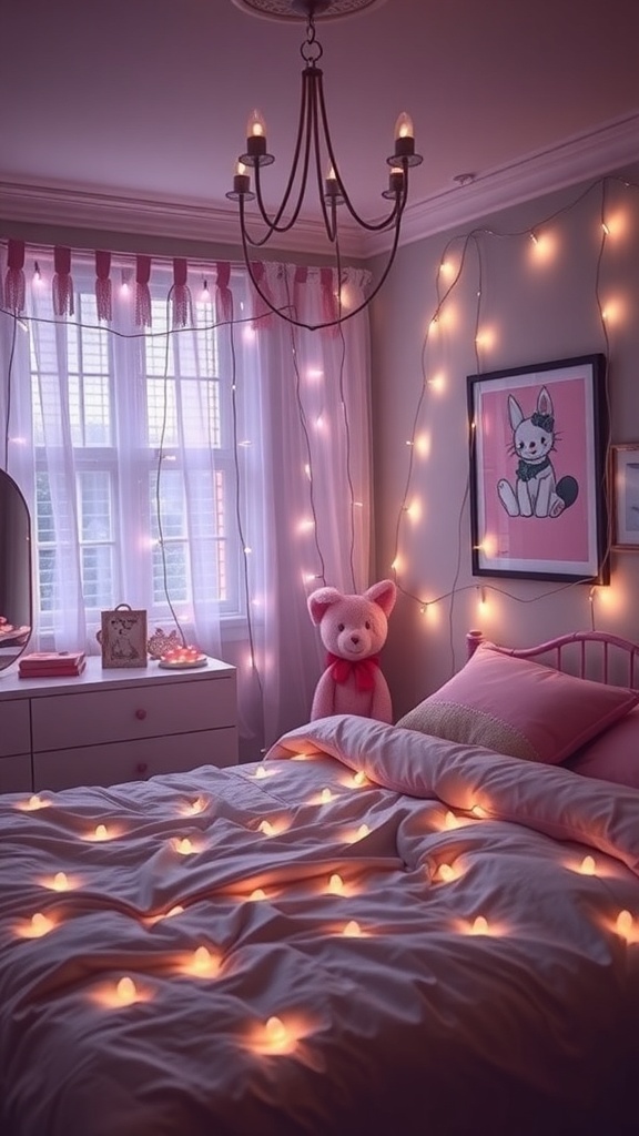 A cozy bedroom with pastel bedding, plushies, and dreamy fairy lights.