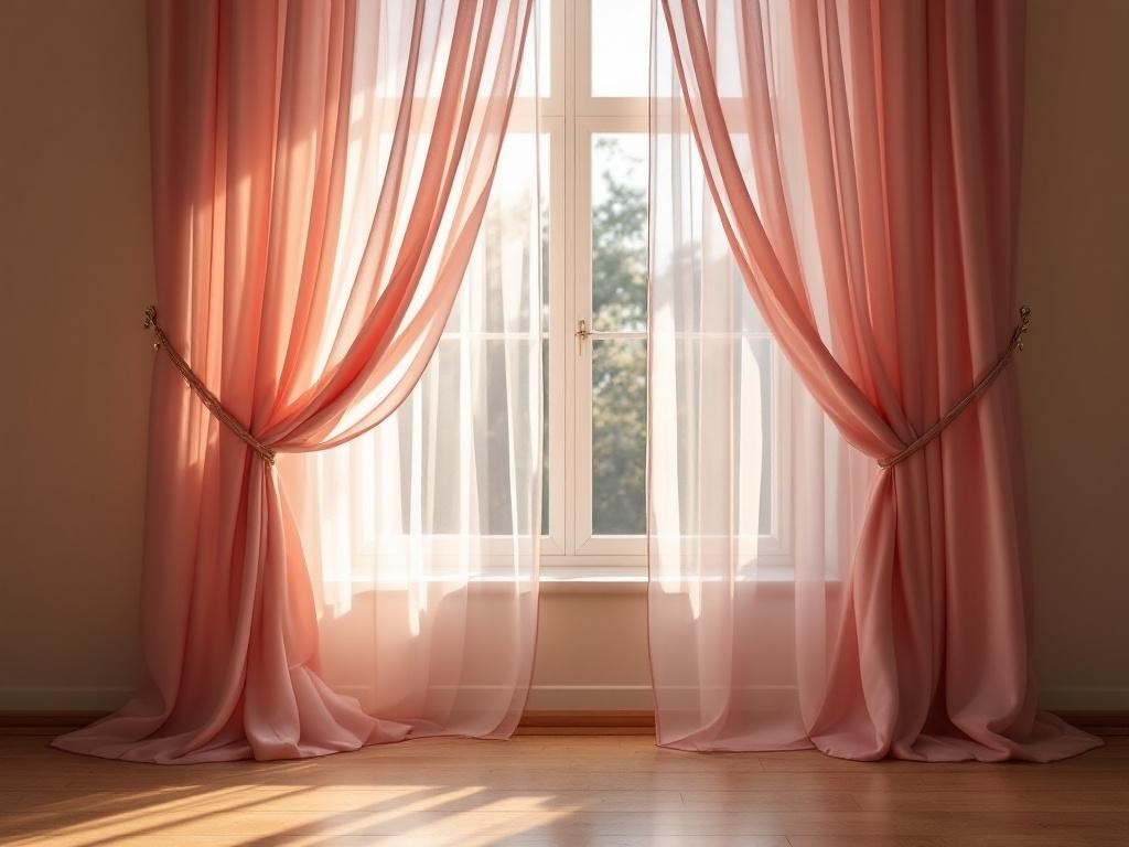 Light pink sheer curtains elegantly draped at a window, allowing soft light to enter the room.