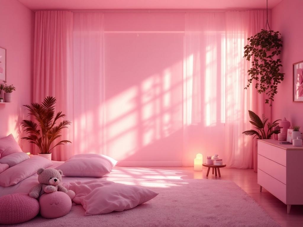 A beautifully decorated master bedroom in soft light pink with warm lighting and cozy decor.