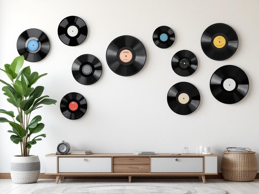 A wall decorated with vintage vinyl records in a playful arrangement, accompanied by a stylish furniture piece and a plant.