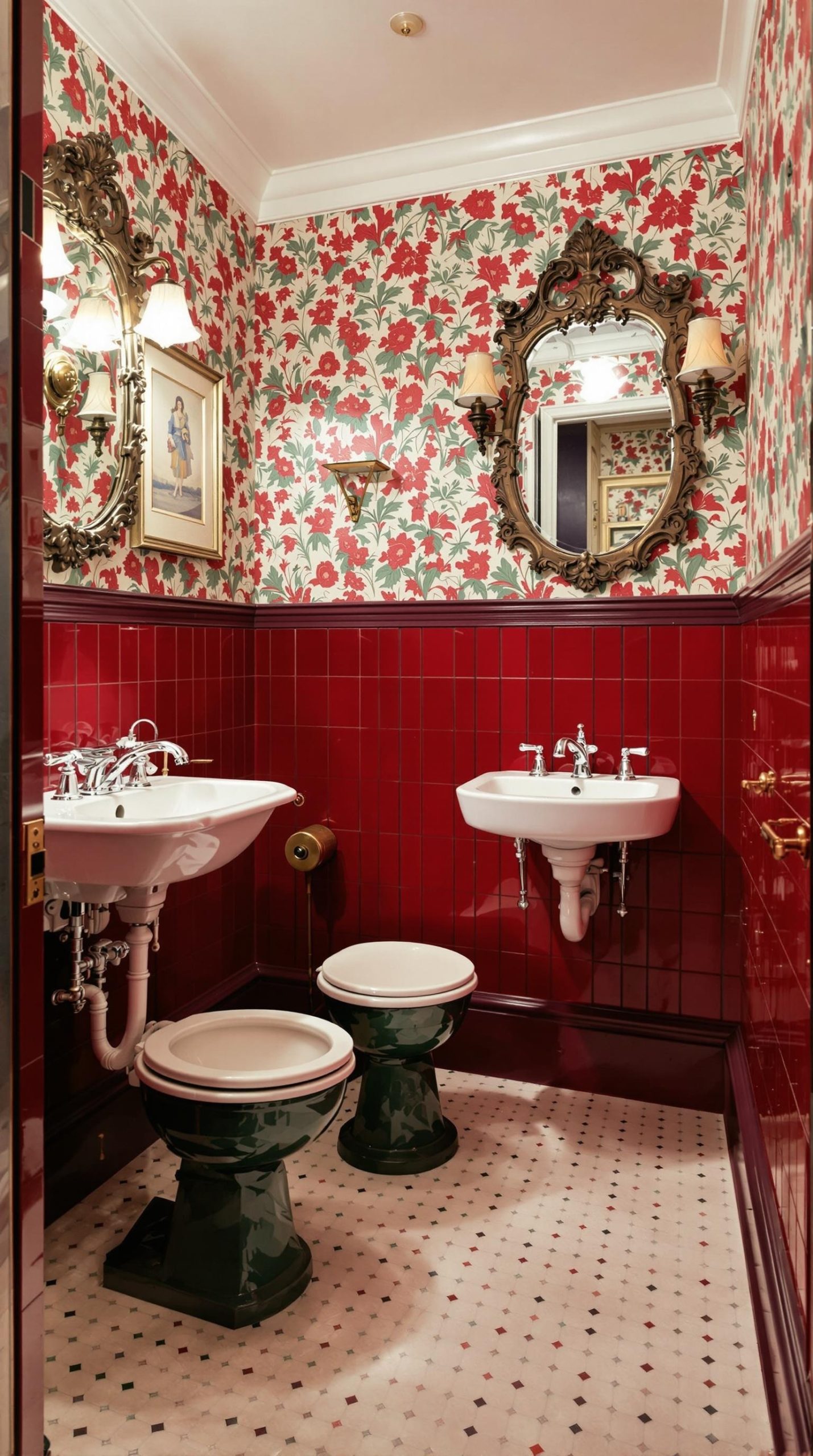 A traditional Victorian-style bathroom with red tiles, floral wallpaper, and ornate fixtures.
