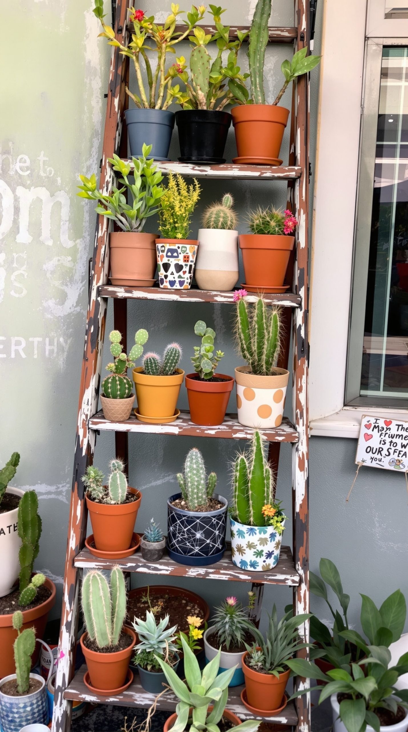 A vintage ladder displaying various potted cacti and succulents in colorful pots.