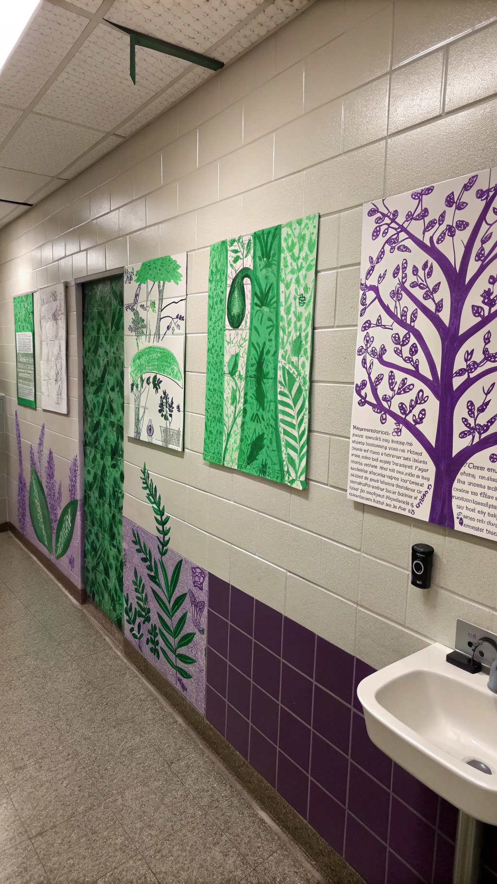 Colorful green and purple artwork on bathroom walls