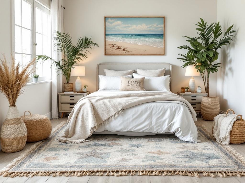 A coastal bedroom featuring a soft rug with beach-inspired patterns, creating a cozy atmosphere.