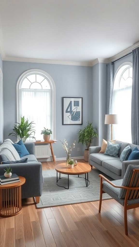 A cozy living room featuring light blue walls, gray sofas, and a round wooden coffee table.