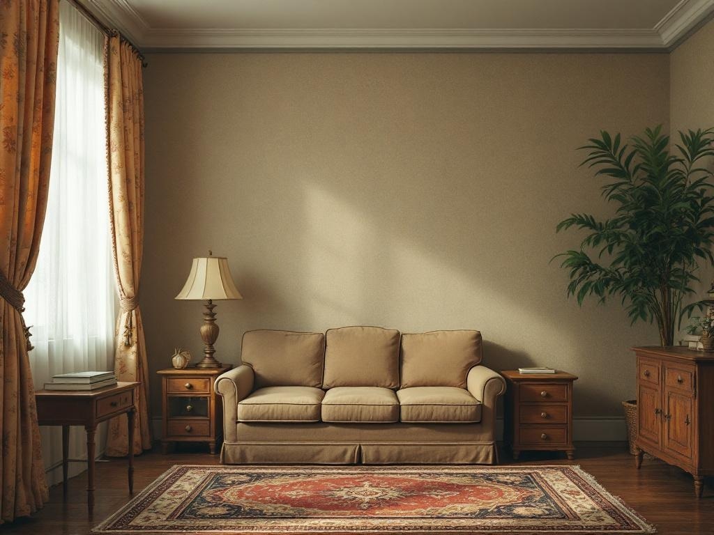 Cozy living room with vintage patterned curtains, beige sofa, and wooden furniture.