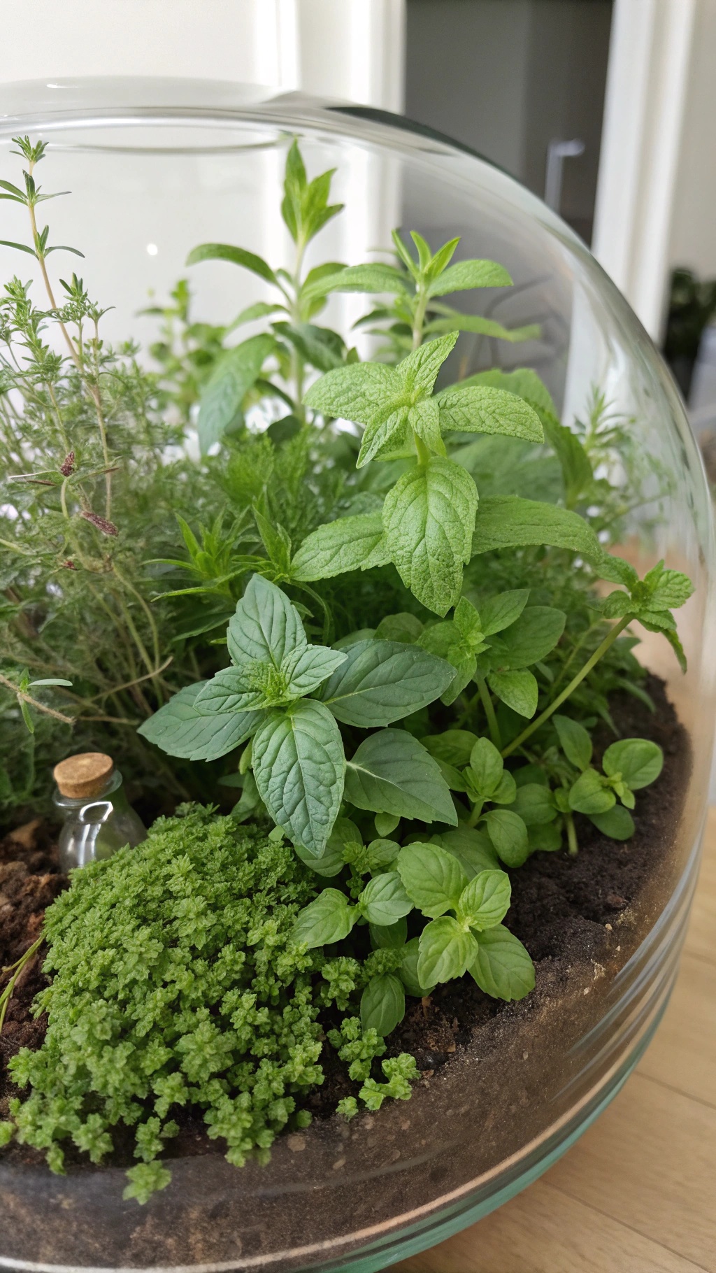 A close-up of a terrarium with various herbs including mint, basil, and thyme.