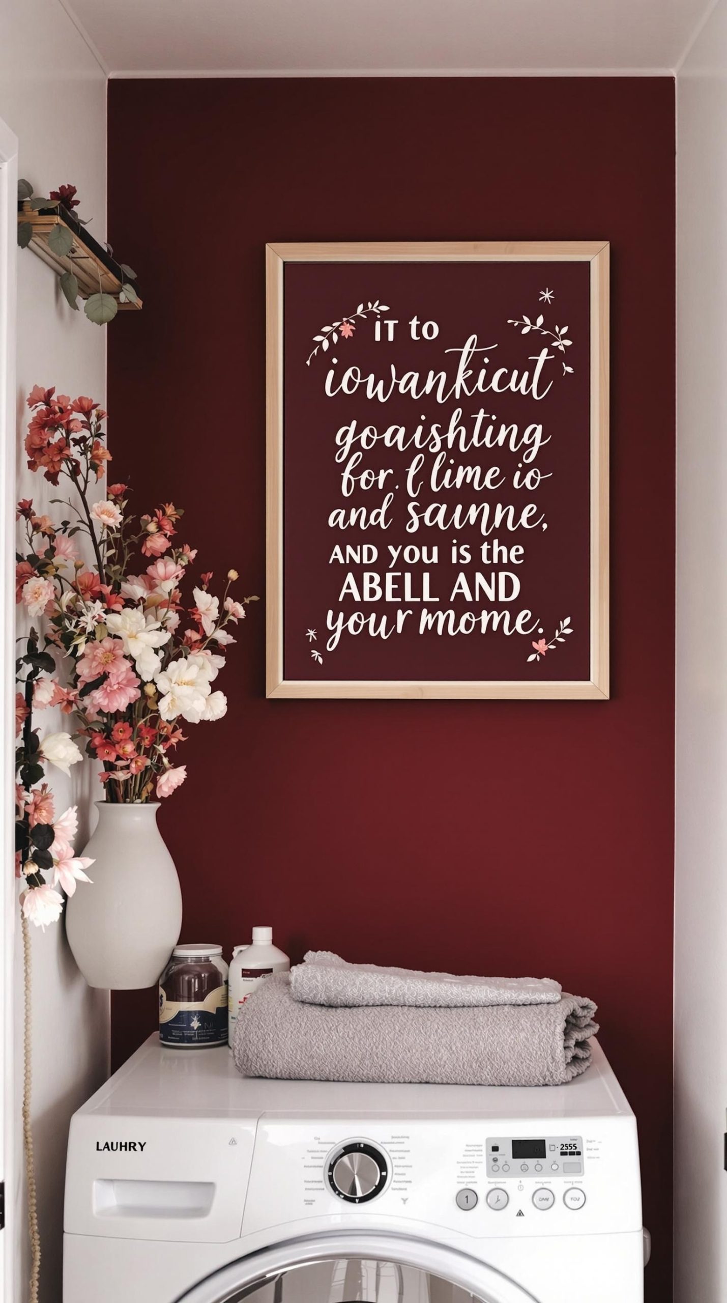 A stylish laundry room featuring burgundy and gold decor with a washing machine and decorative baskets.