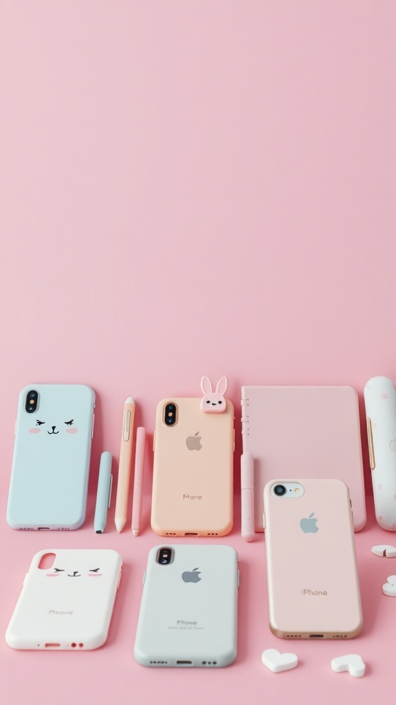 Collection of kawaii tech accessories including pastel phone cases, pens, and a notebook on a pink background.