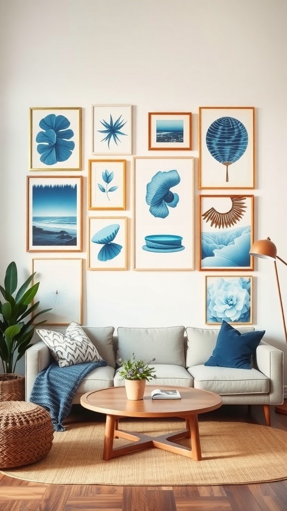 Eclectic blue art display featuring various blue-themed artworks on a gallery wall above a cozy sofa.