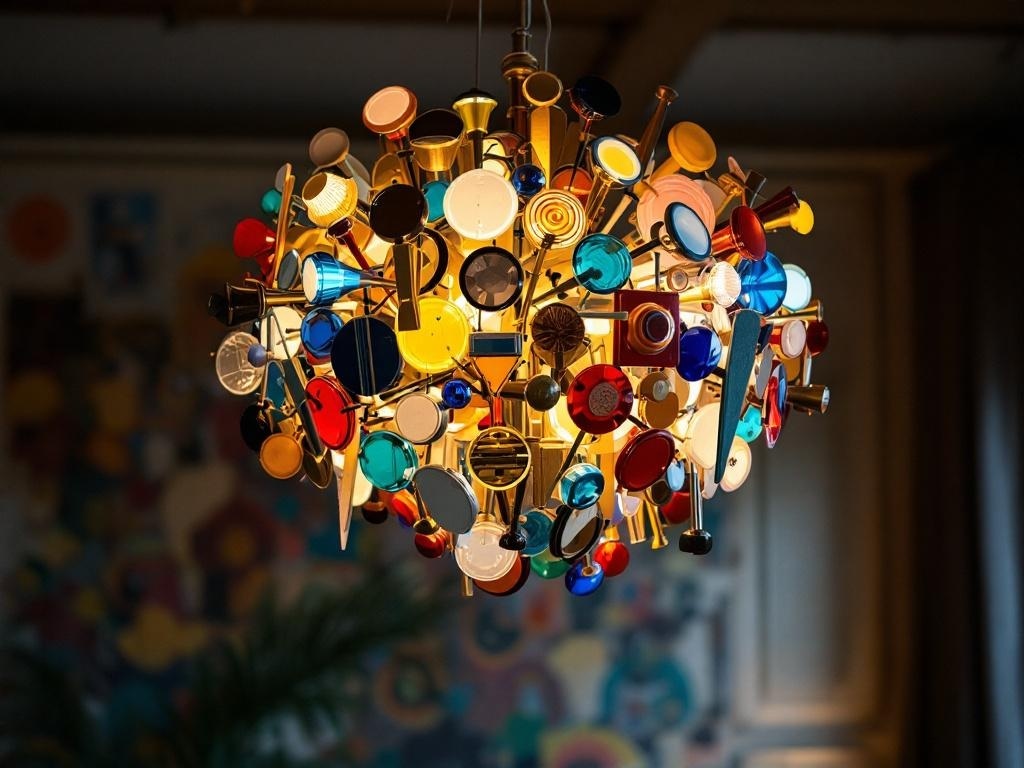 A colorful and eclectic chandelier made of various shapes and materials, showcasing a maximalist design.
