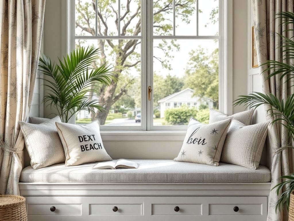 Cozy beach-themed window seat with cushions and pillows