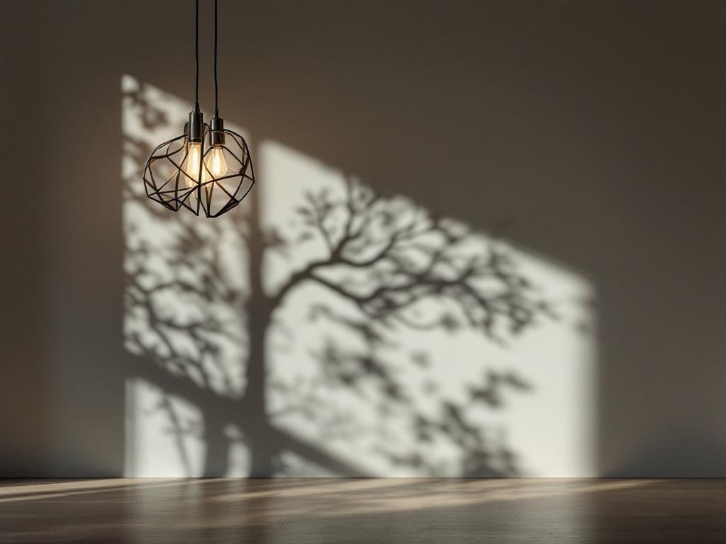 A geometric pendant light casting tree-like shadows on a wall.
