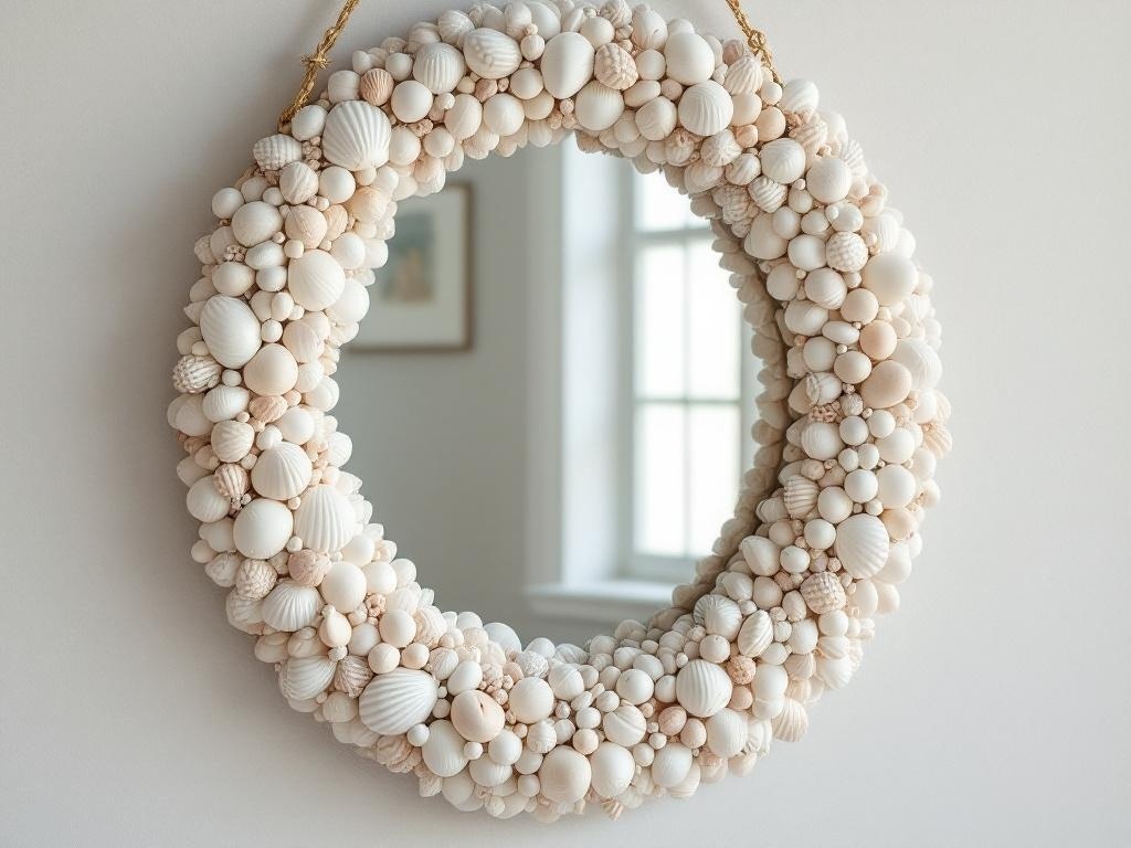 A round mirror surrounded by various seashells, creating a coastal decor theme.