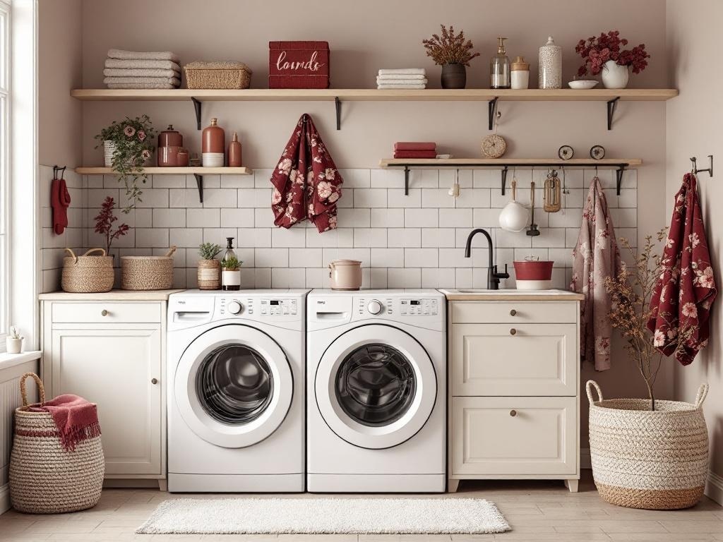 A stylish laundry room featuring burgundy and floral themed accessories, with white appliances and wooden shelves.