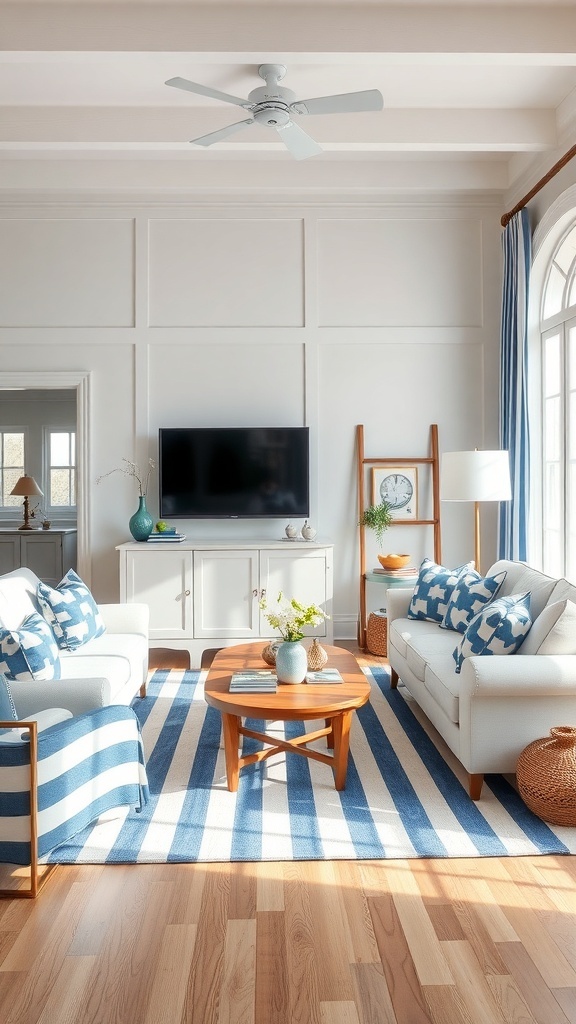 Cozy living room with blue and white striped decor, featuring a striped sofa, rug, and wooden furniture.