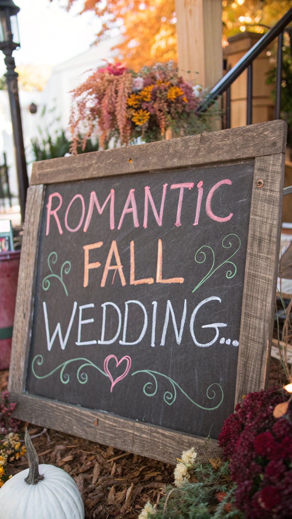 A chalkboard sign that reads 'Romantic Fall Wedding' surrounded by fall flowers and decorations.