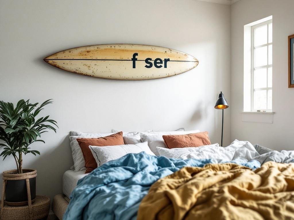 A vintage surfboard mounted on a wall above a bed with colorful bedding.