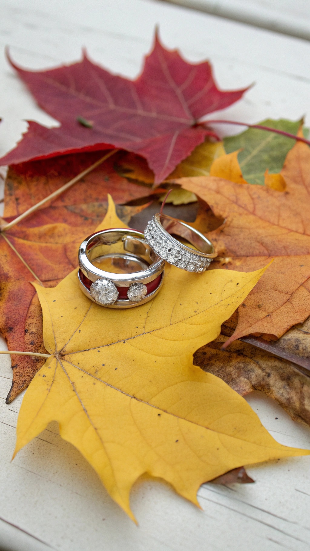 Two wedding rings resting on colorful autumn leaves.