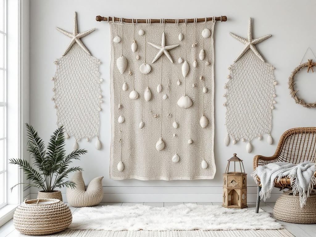 Coastal fishnet wall hangings with shells and starfish