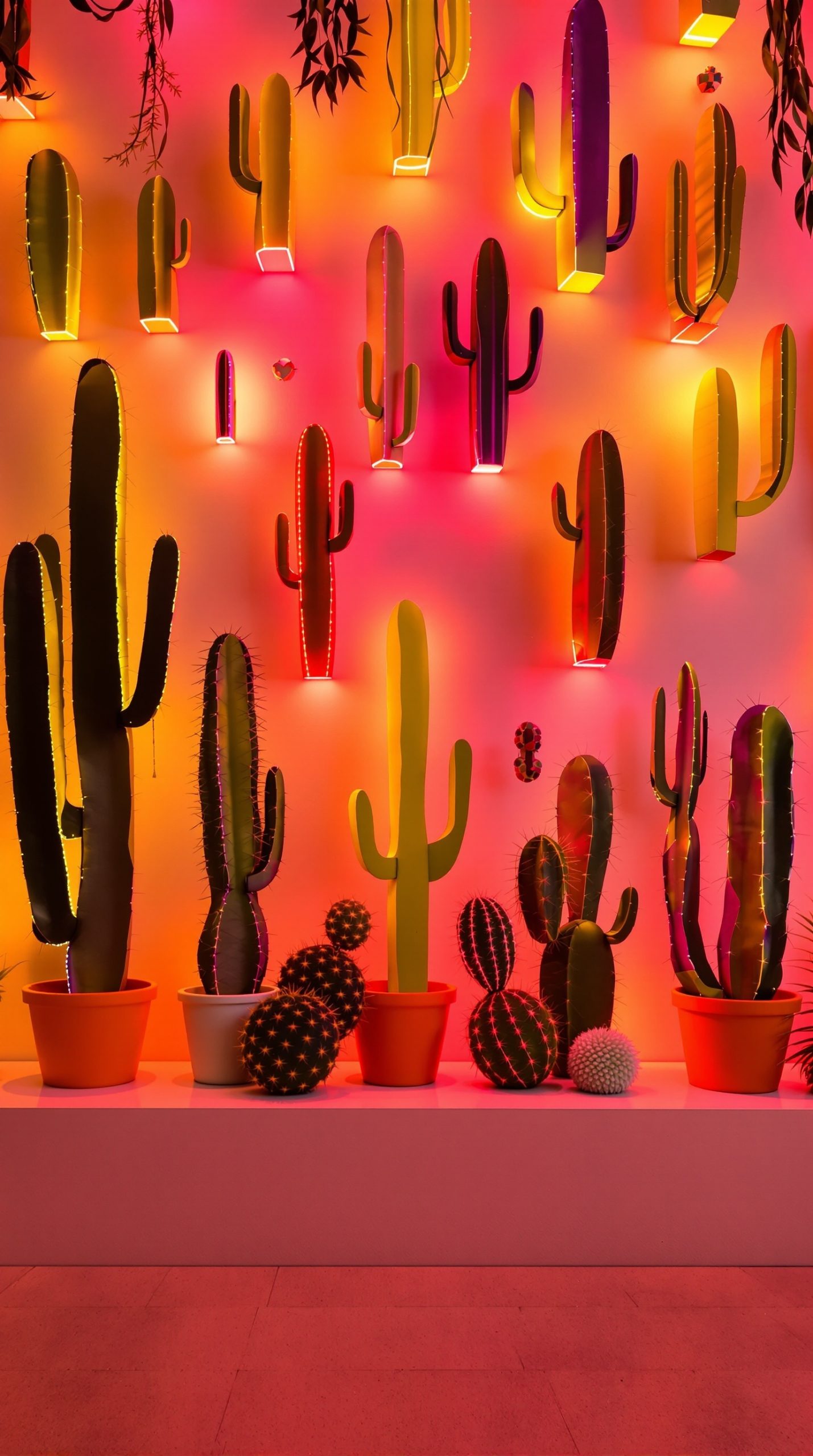 A vibrant cacti wall featuring various cacti illuminated with neon lights in pink and orange.