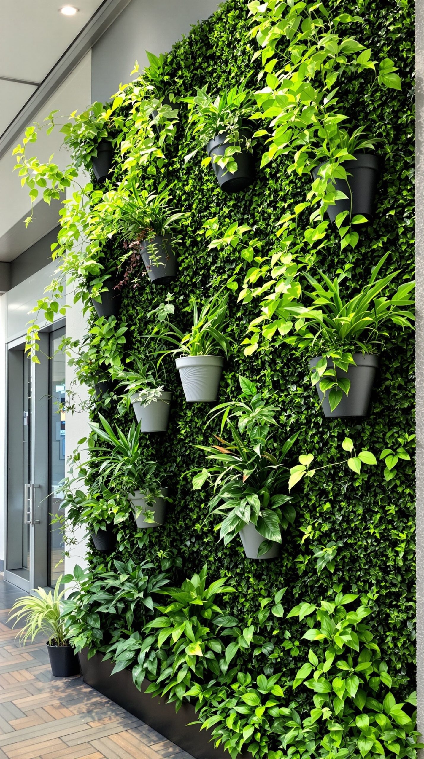 A green wall featuring various plants in artistic planters, creating a vibrant and refreshing indoor space.