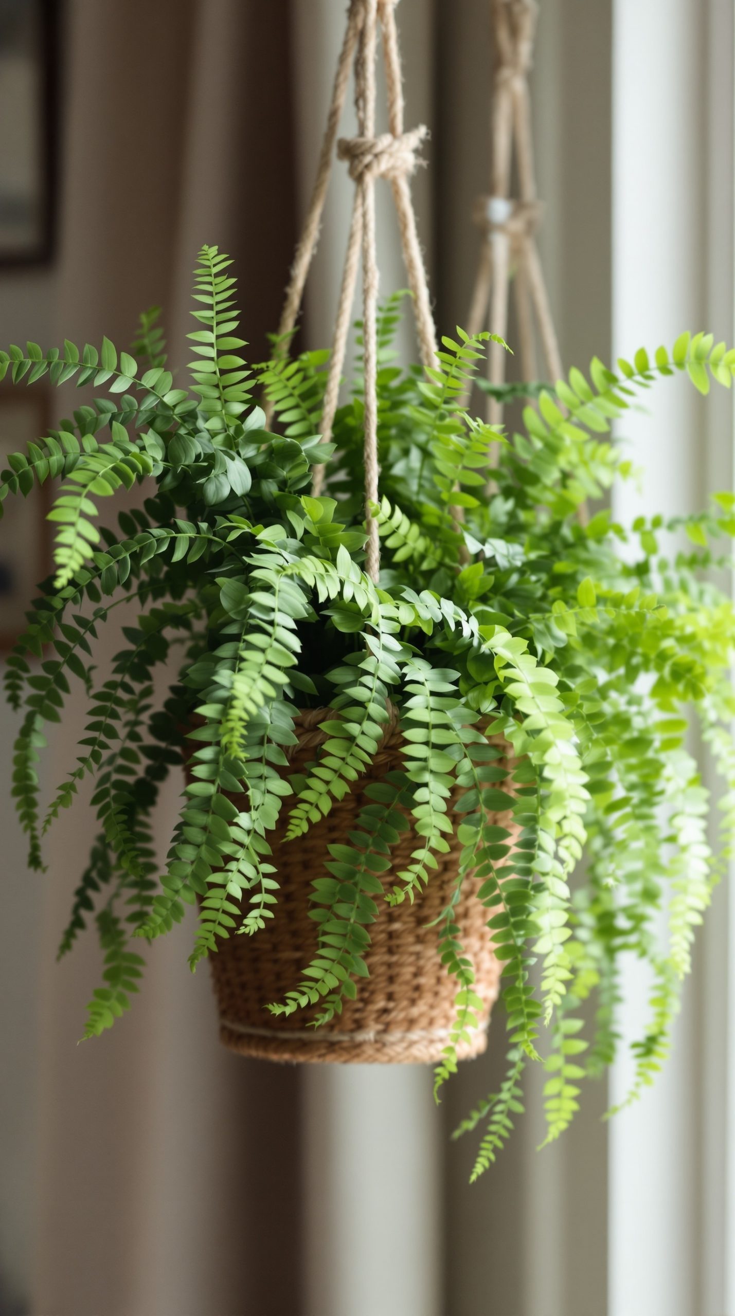 Hanging ferns in a woven basket with decorative ropes