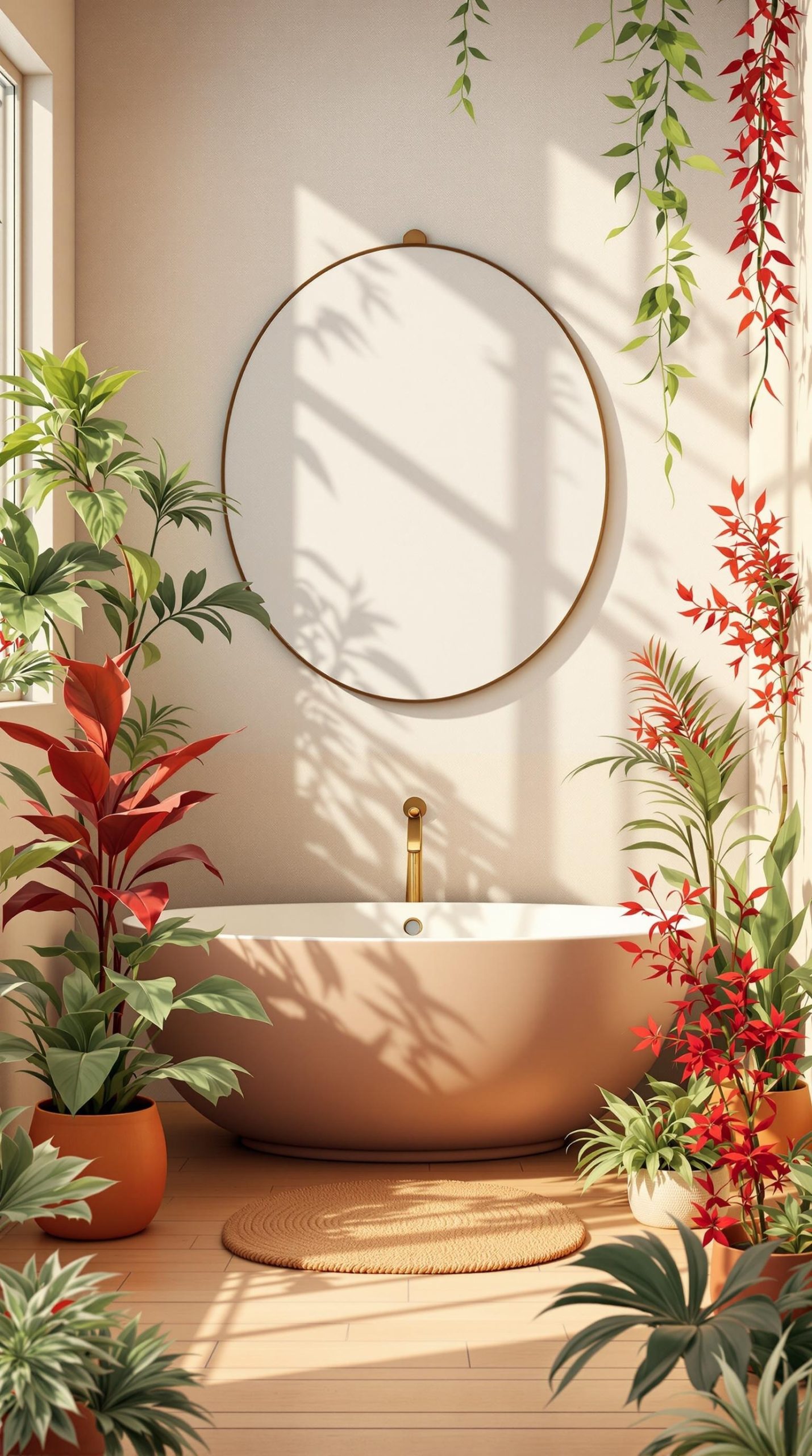 A nature-inspired bathroom featuring a round mirror, a bathtub, and various green and red plants.
