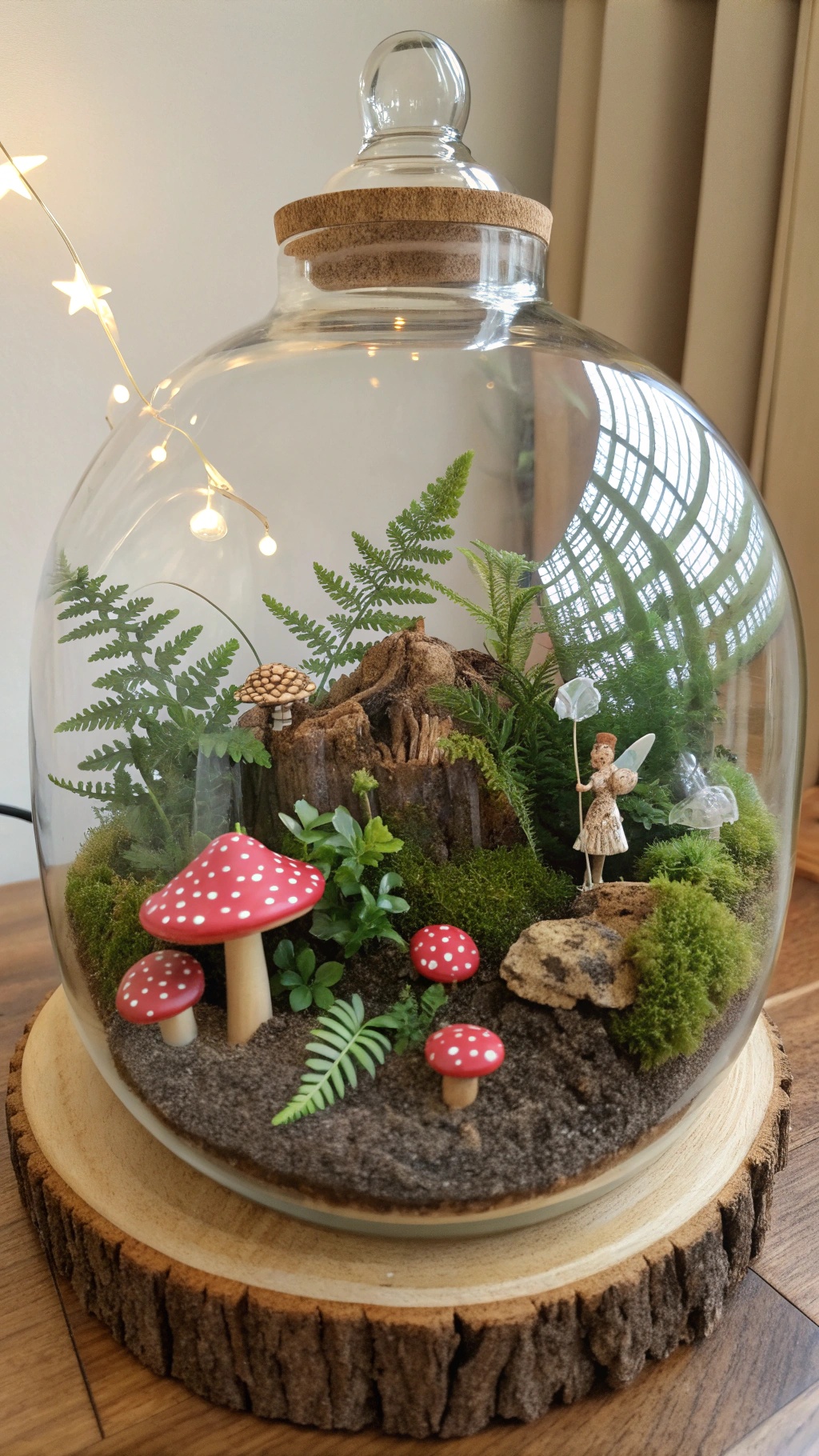 A terrarium featuring a woodland fairy habitat with mushrooms, ferns, and a fairy figurine.