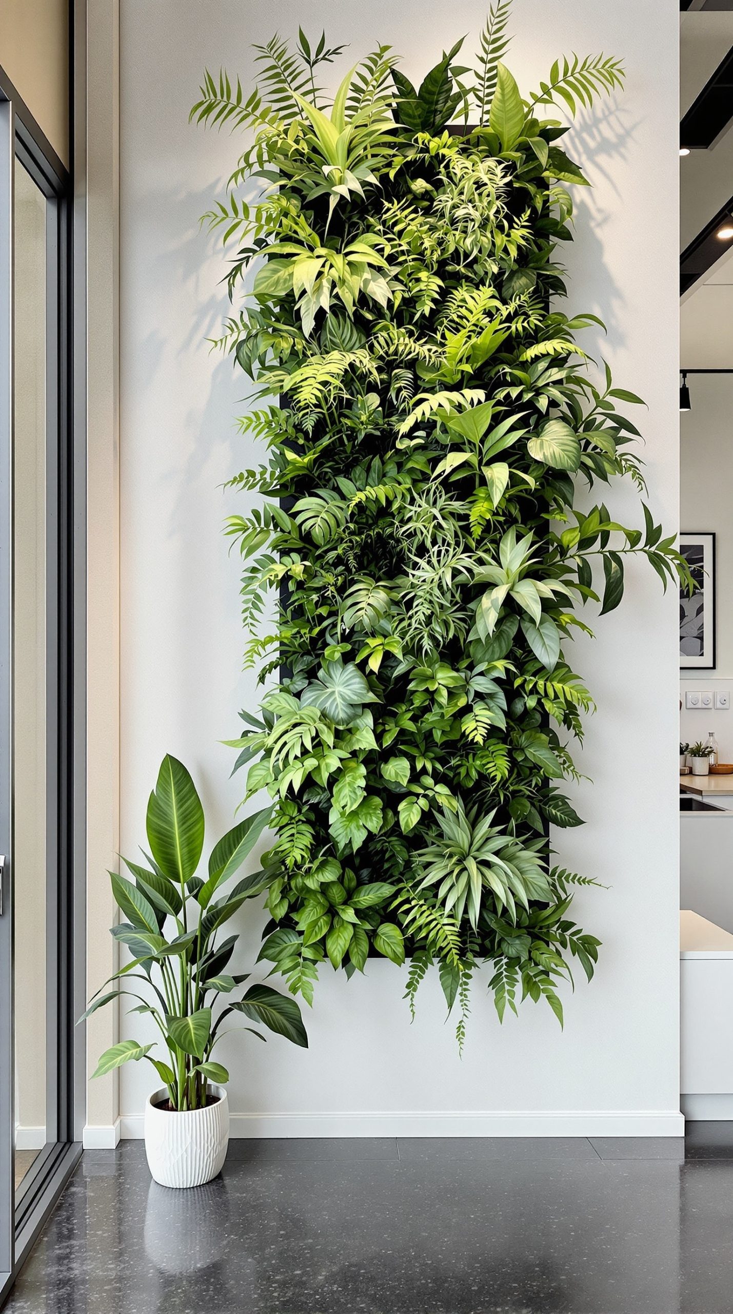 Vertical garden featuring a variety of lush green plants including air plants and ferns.
