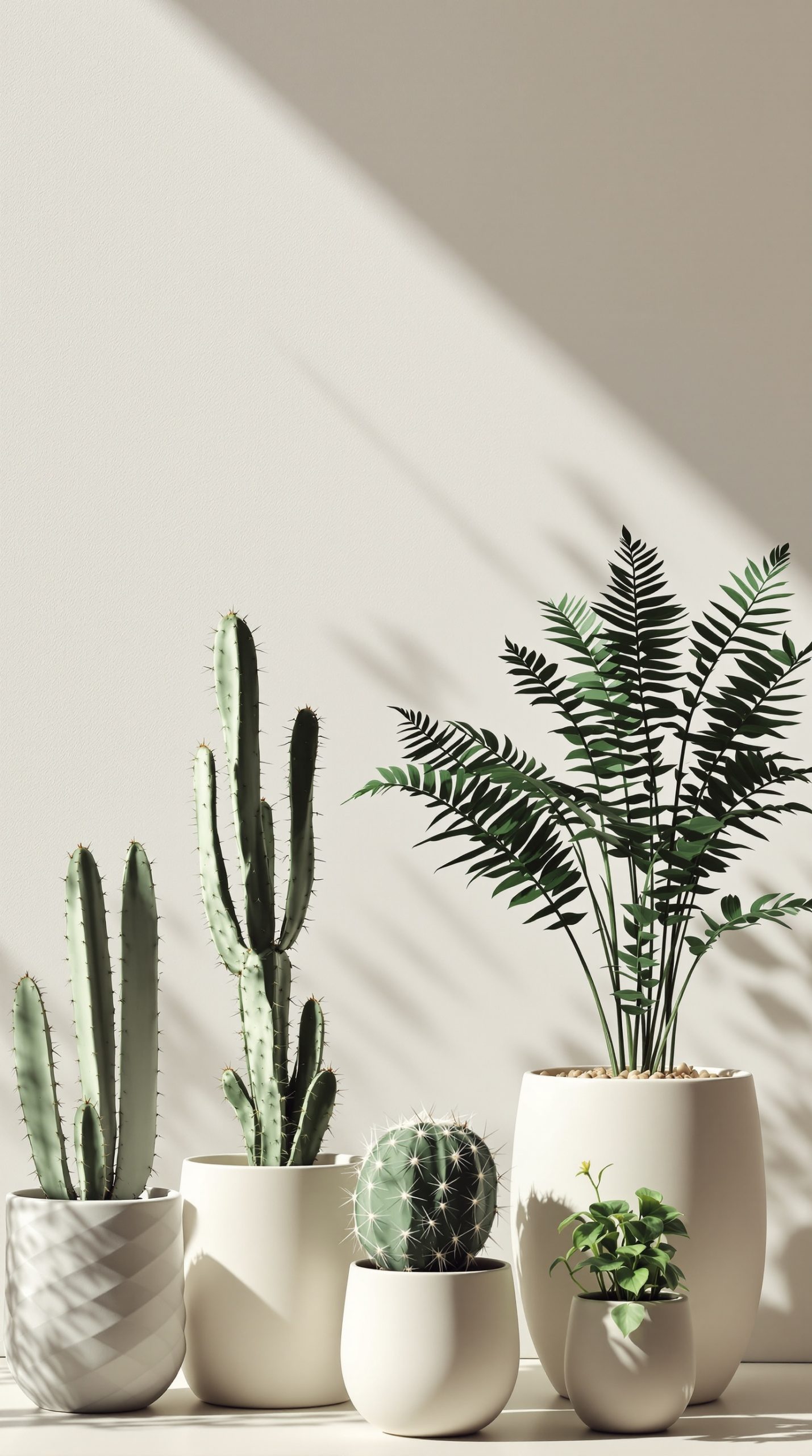 A minimalist arrangement of cacti and ferns in neutral pots against a light background.