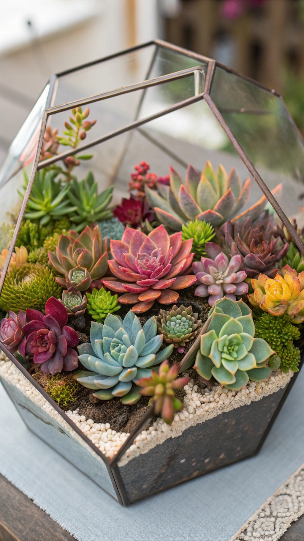 A colorful arrangement of various succulents in a glass terrarium.