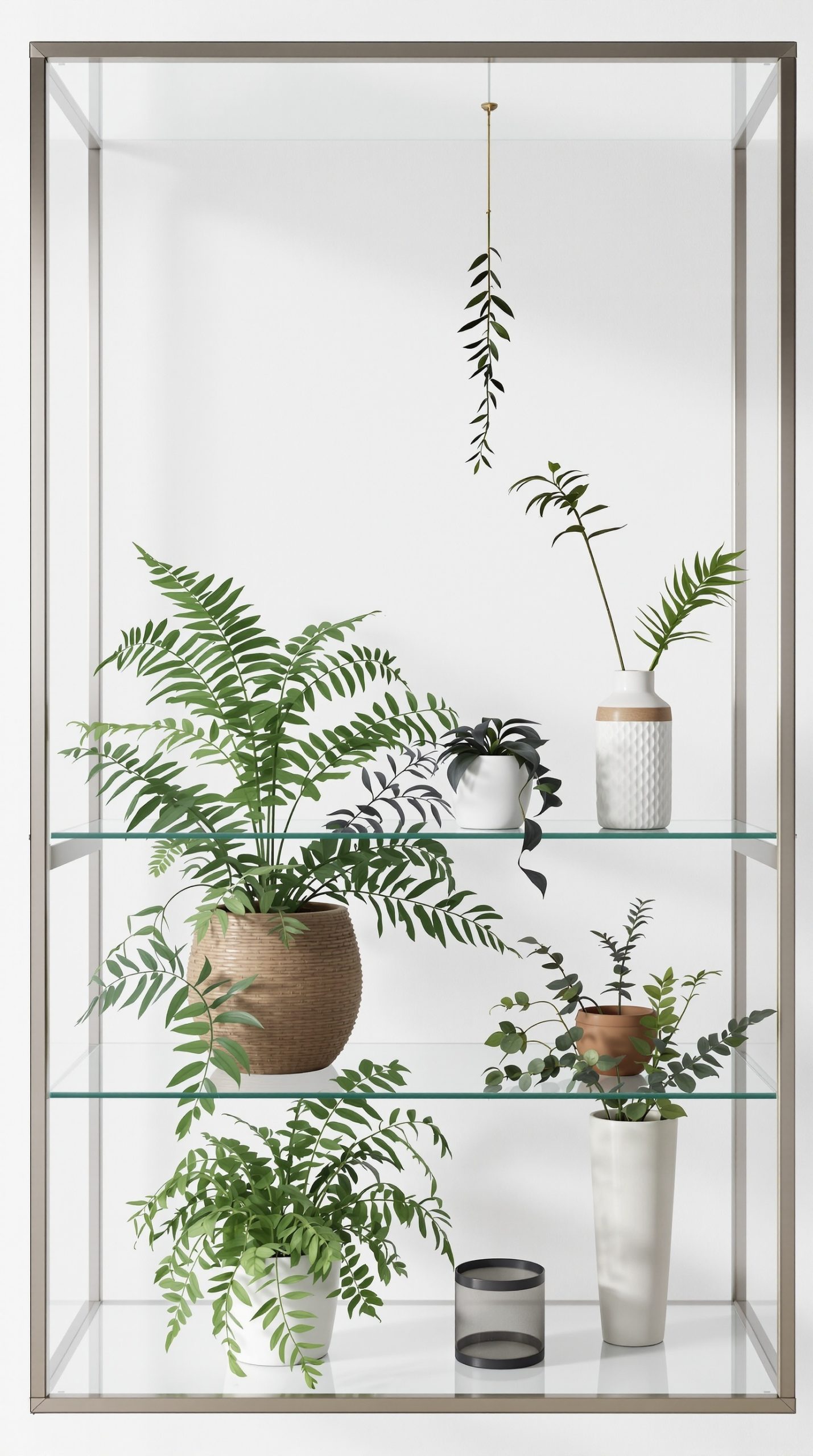 A modern glass shelf displaying various ferns in different pots, including a hanging plant.