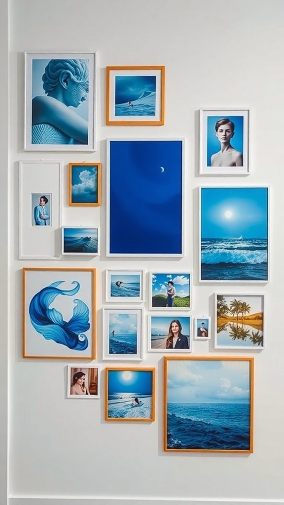 A gallery wall featuring various blue-themed art and photographs in different frames.