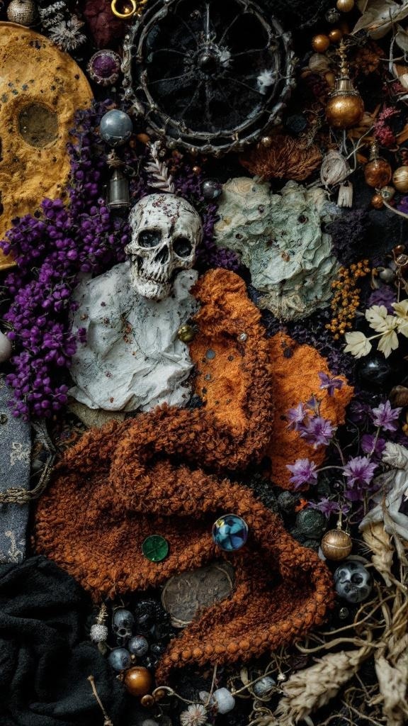 A vibrant display of textures and patterns featuring a skull, colorful fabrics, and decorative elements.