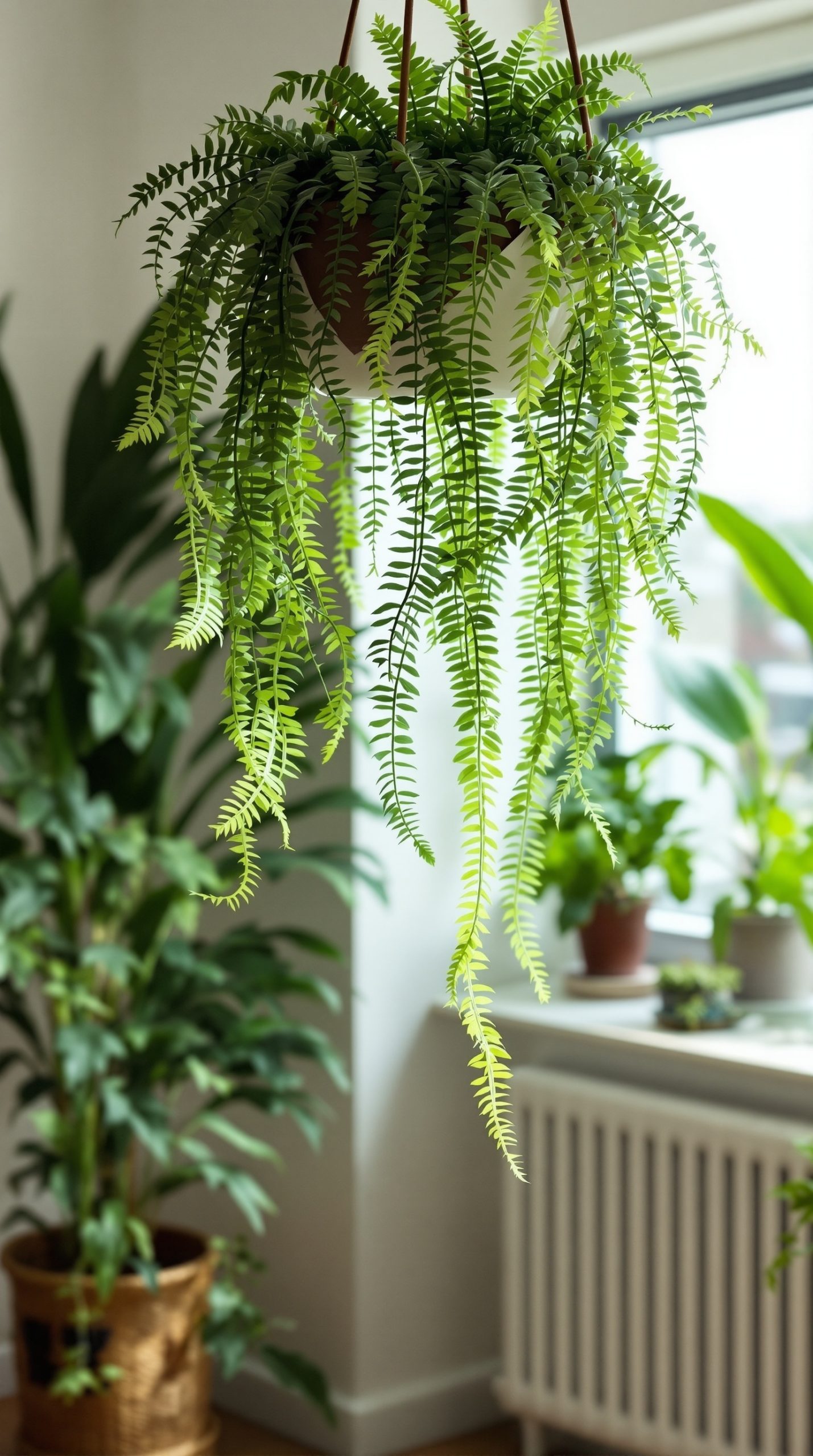 Cascading ferns hanging from a ceiling planter in a bright indoor setting