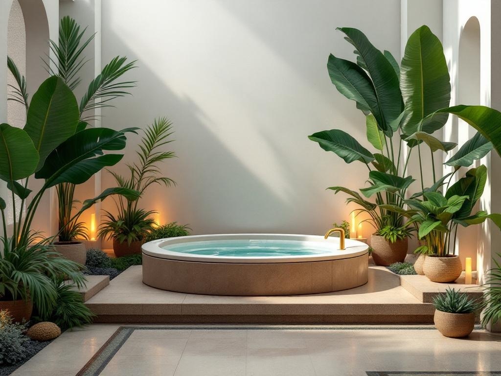 Luxury backyard spa area featuring a jacuzzi surrounded by plants and soft lighting.
