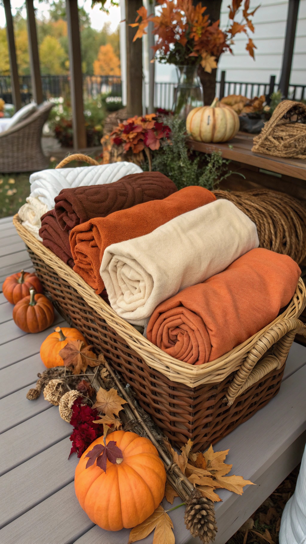 A basket filled with warm, rolled blankets in autumn colors, surrounded by pumpkins and fall leaves.