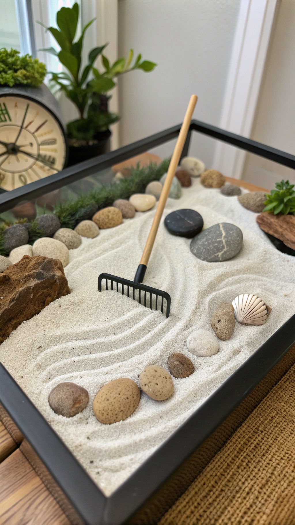 A Zen garden terrarium with sand, stones, and a small rake.