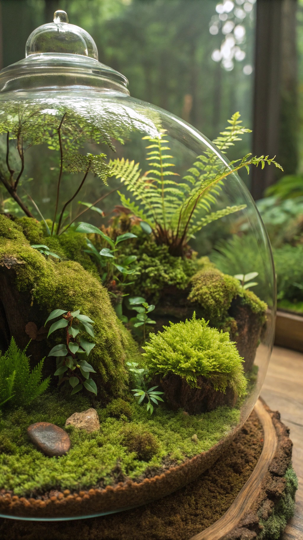A terrarium featuring a mossy forest scene with ferns and rocks.