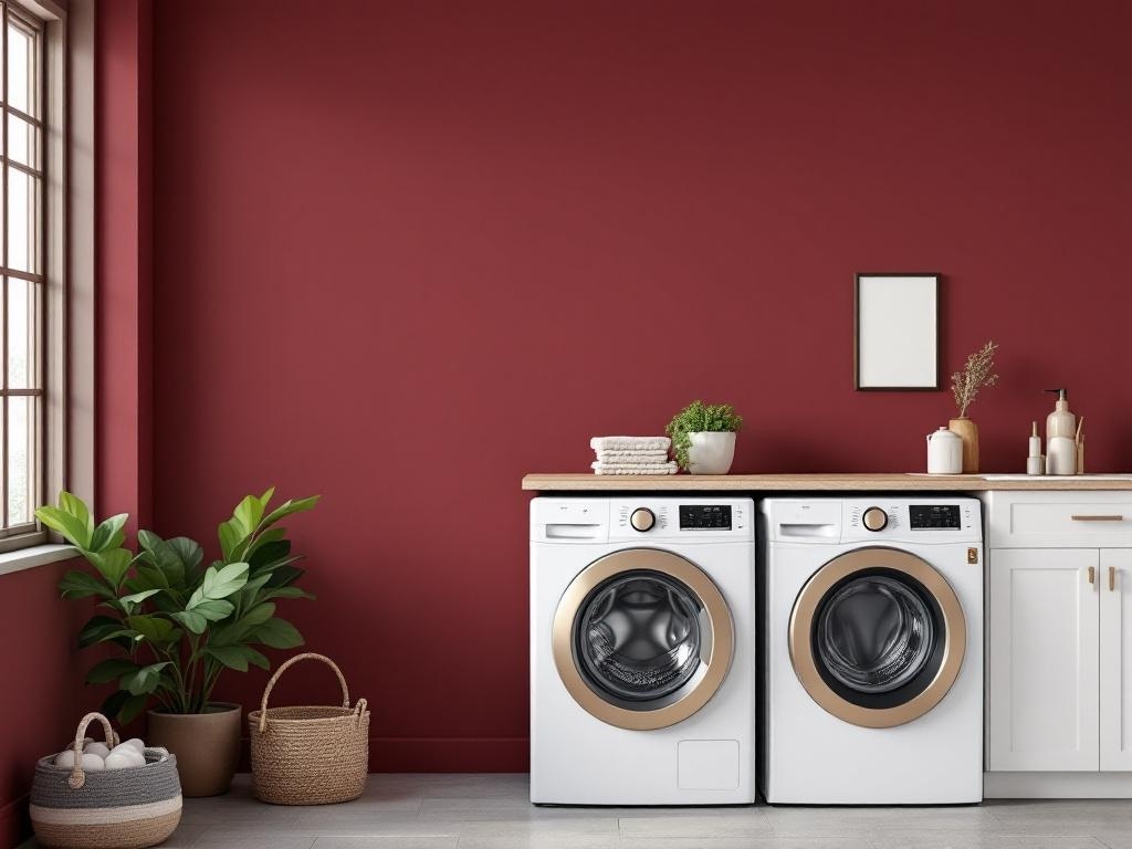 Laundry room with rich burgundy walls, white appliances, and natural decor
