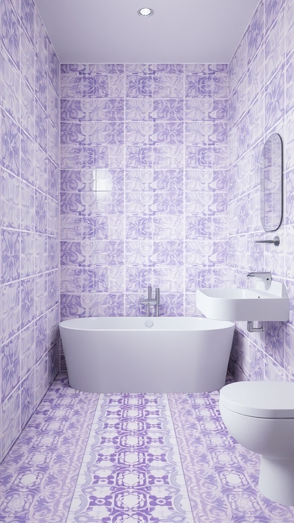 A bathroom featuring lavender tile patterns on the walls and floor, with a white bathtub and modern fixtures.