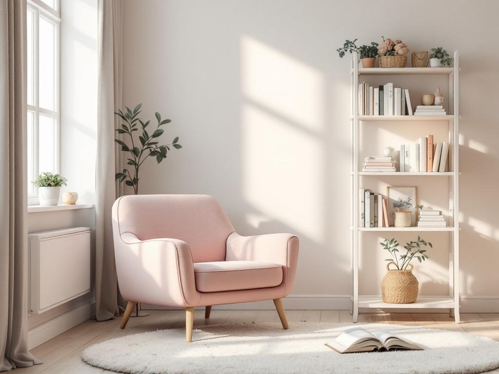 A cozy reading nook featuring a light pink chair, a white bookshelf with books and plants, and a soft rug.