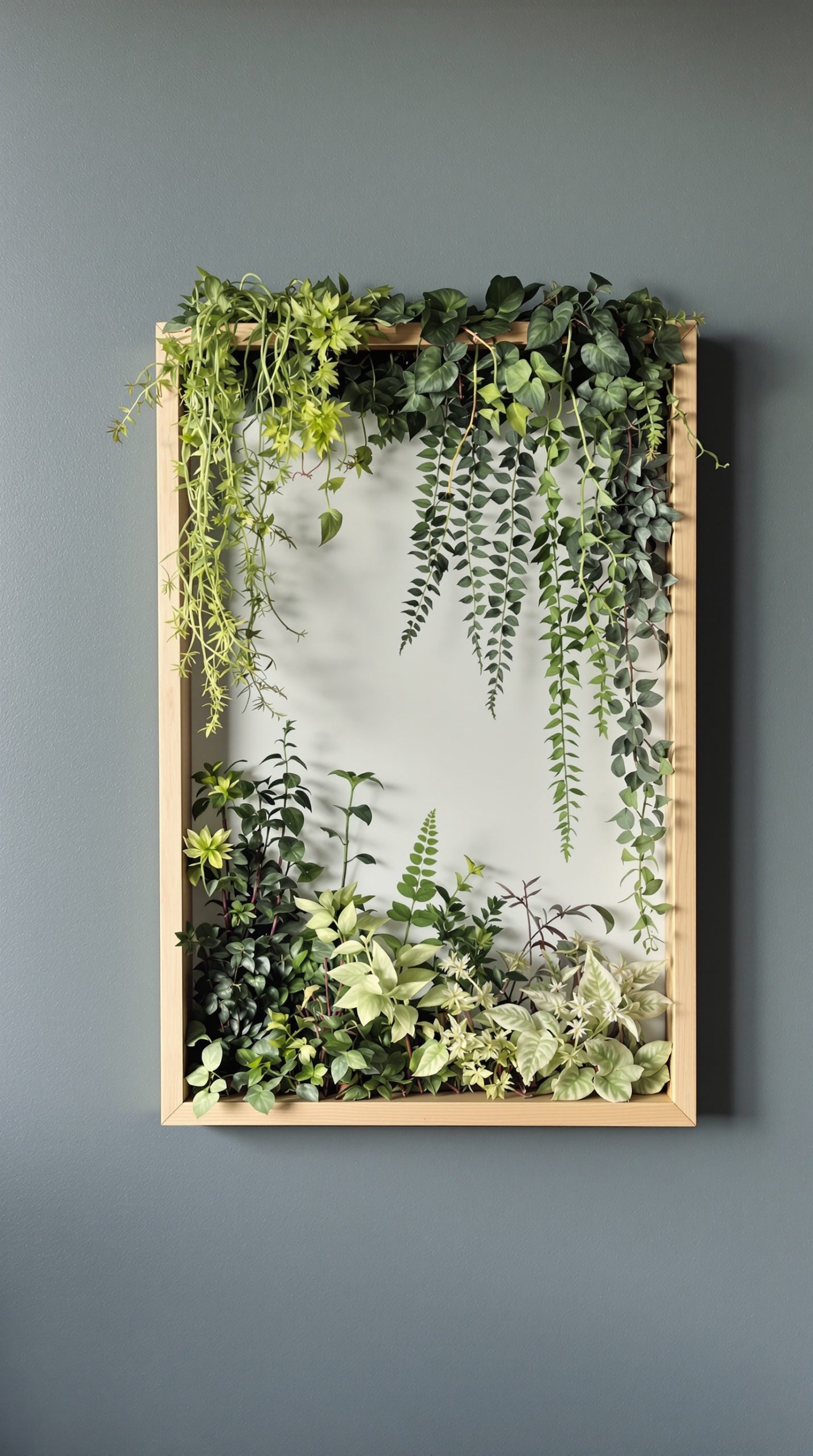 A framed wall of lush greenery featuring various plants like ferns and trailing vines.