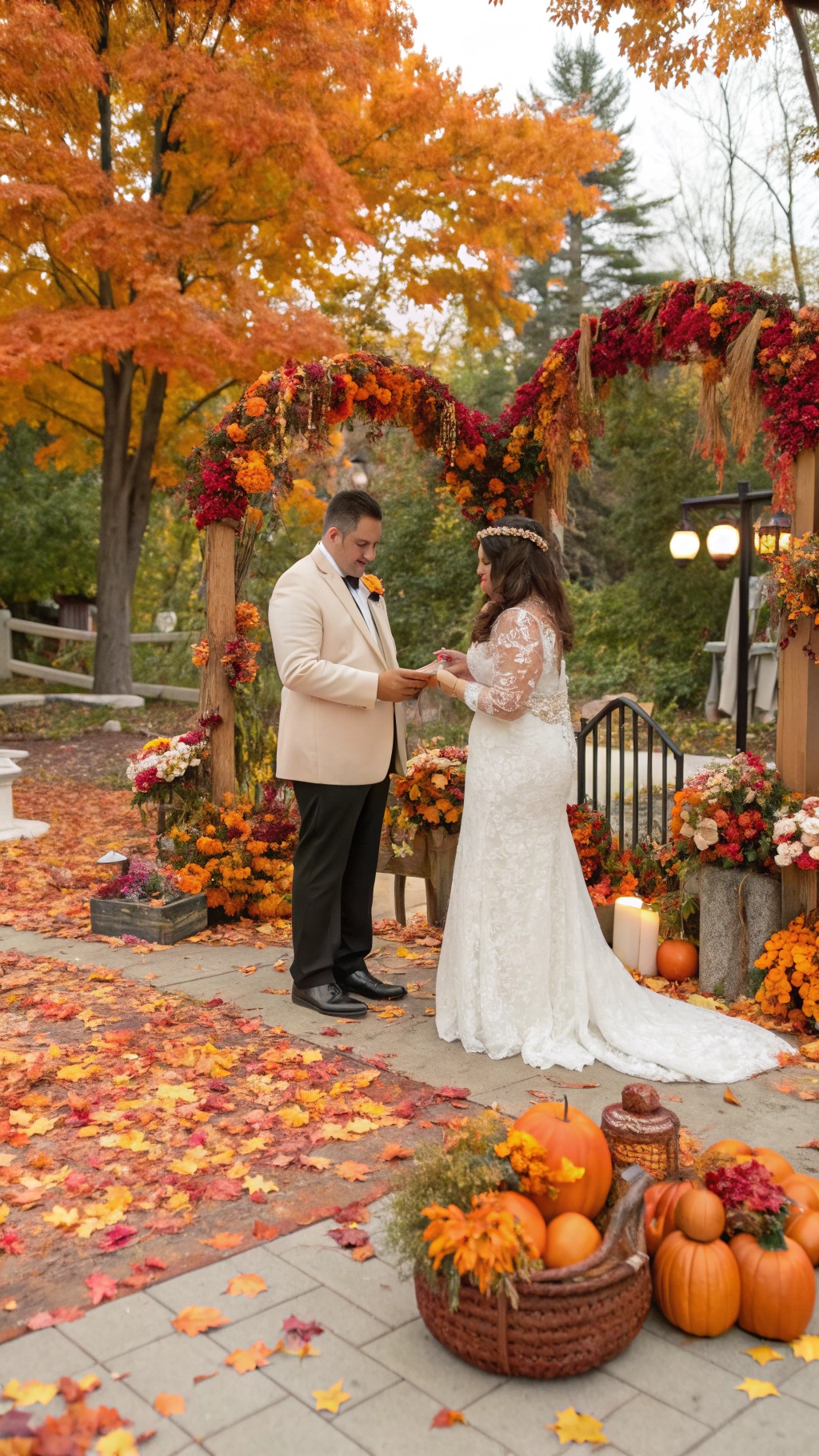 A couple exchanging vows under a beautifully decorated arch with fall foliage.
