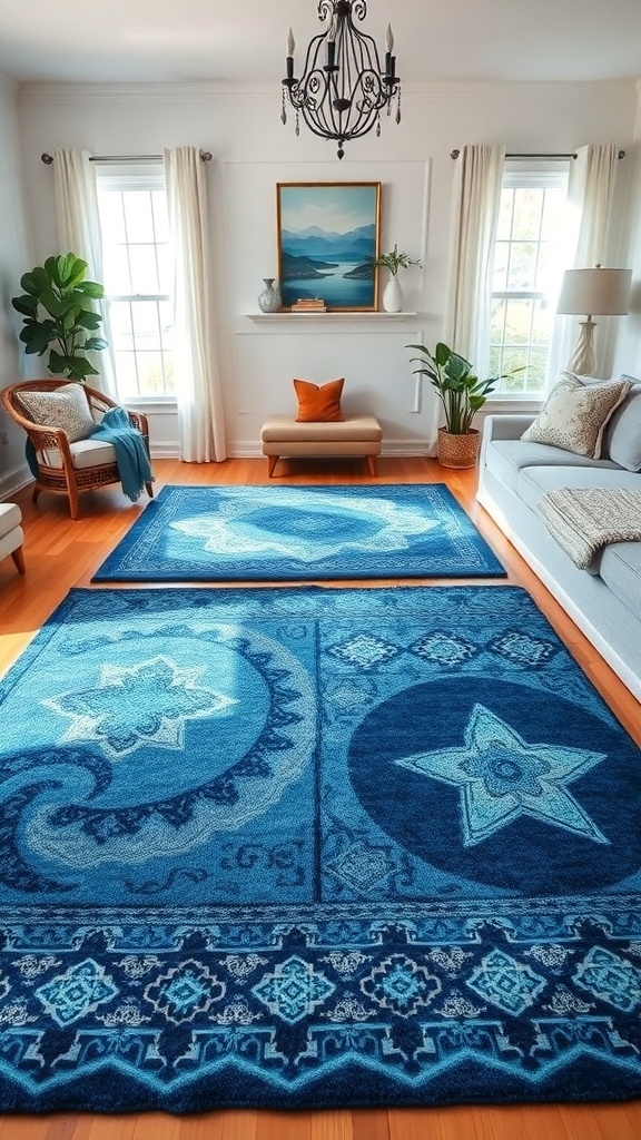 A cozy blue boho living room with layered blue rugs, showcasing intricate patterns and a warm atmosphere.