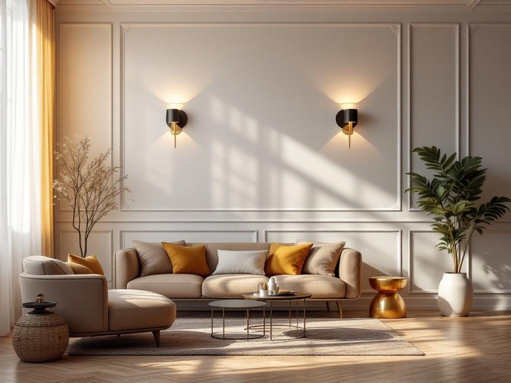 Cozy master bedroom with layered lighting, featuring wall sconces and natural light from large windows.