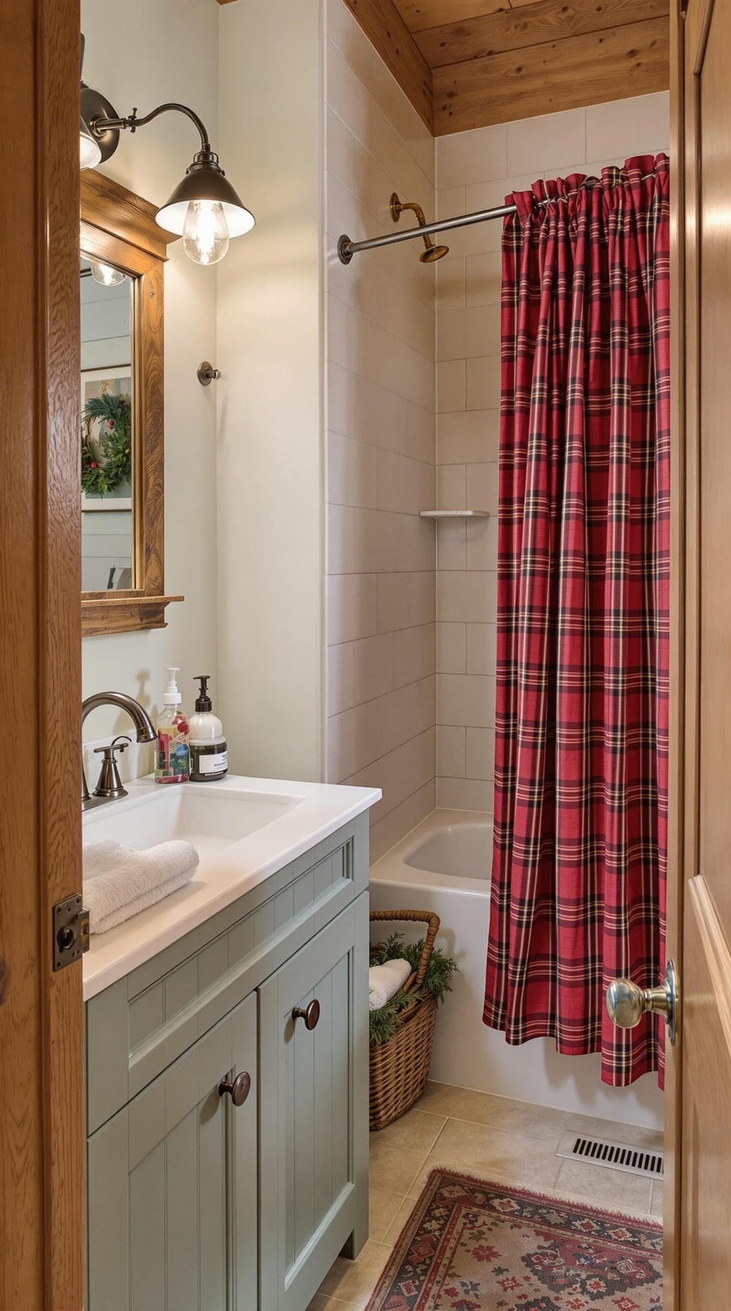 Cozy cottage bathroom with wooden beams, potted plants, and plaid textiles