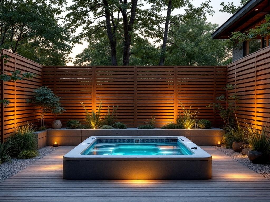 Backyard spa retreat featuring a jacuzzi surrounded by wooden privacy screens and lush greenery.