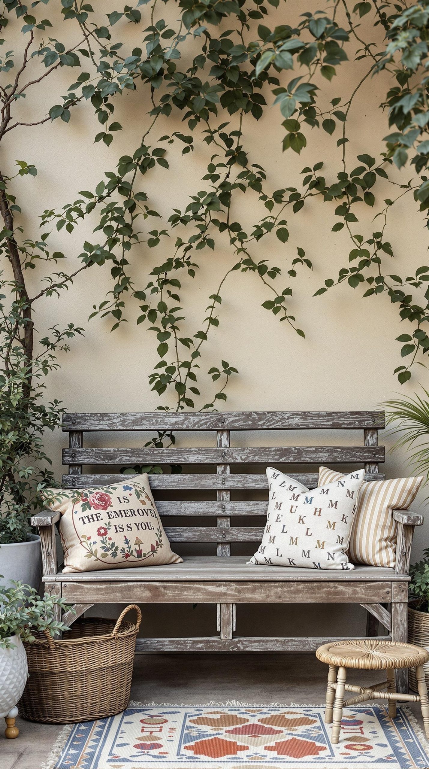 A rustic wooden bench with decorative pillows, surrounded by plants and a woven basket.